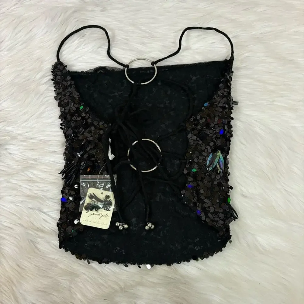 NWT Free People Black Sequins Sexy Party Tank Top Size Medium 0786